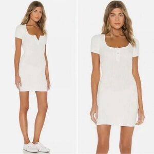 Tiger Mist Ribbed Henley Mini Dress White Short Sleeve Bodycon Button Front M